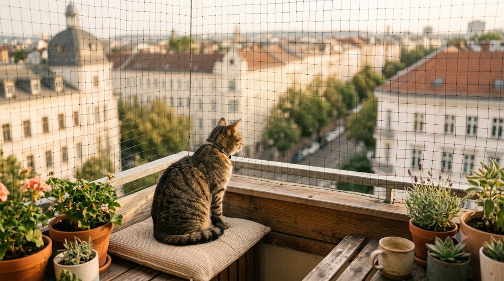 Chat installé en sécurité sur un balcon protégé par un filet, observant l'extérieur