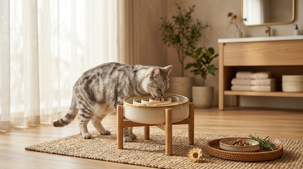 Gamelle surélevée en céramique pour chat avec un chat mangeant en bonne posture — Les Trésors d'Owka
