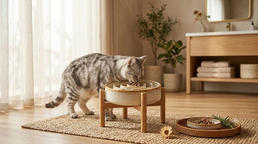 Gamelle surélevée en céramique pour chat avec un chat mangeant en bonne posture — Les Trésors d'Owka