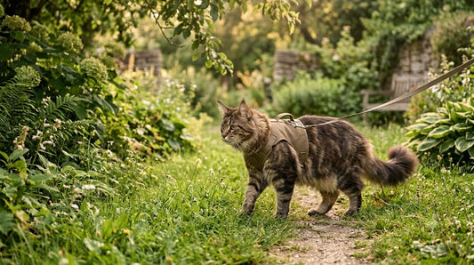 Chat Maine Coon en harnais anti-fugue explorant un jardin calme en laisse