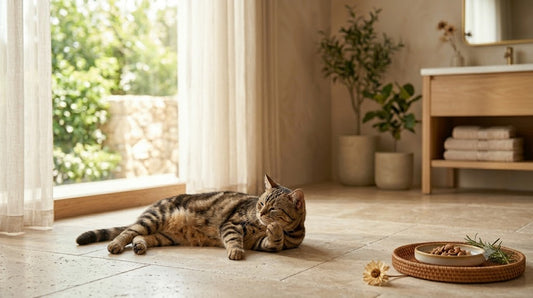 Chat tabby au repos respirant calmement sur un sol frais près d'une fenêtre