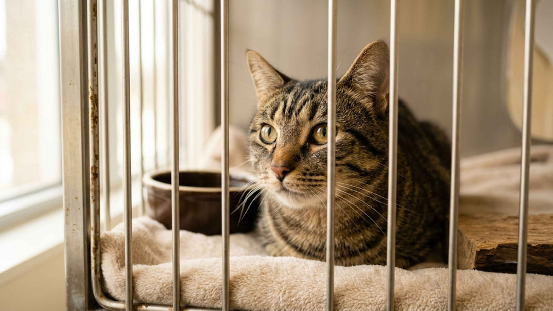 Chat tigré adulte au regard expressif attendant l'adoption dans un refuge — Les Trésors d'Owka