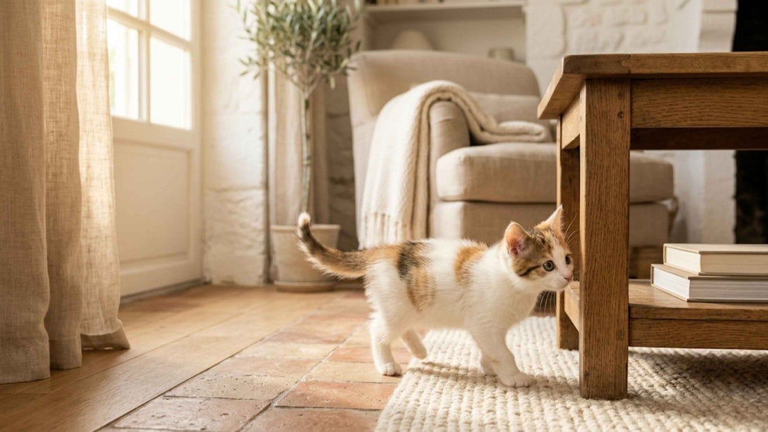 Adorable chaton explorant avec curiosité son nouveau foyer chaleureux, Les Trésors d'Owka