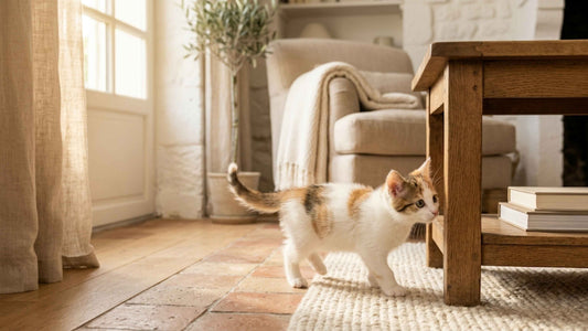 Adorable chaton explorant avec curiosité son nouveau foyer chaleureux, Les Trésors d'Owka