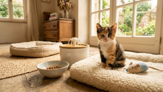 Chaton entouré de ses accessoires essentiels : litière, gamelle, fontaine et jouets, Les Trésors d'Owka