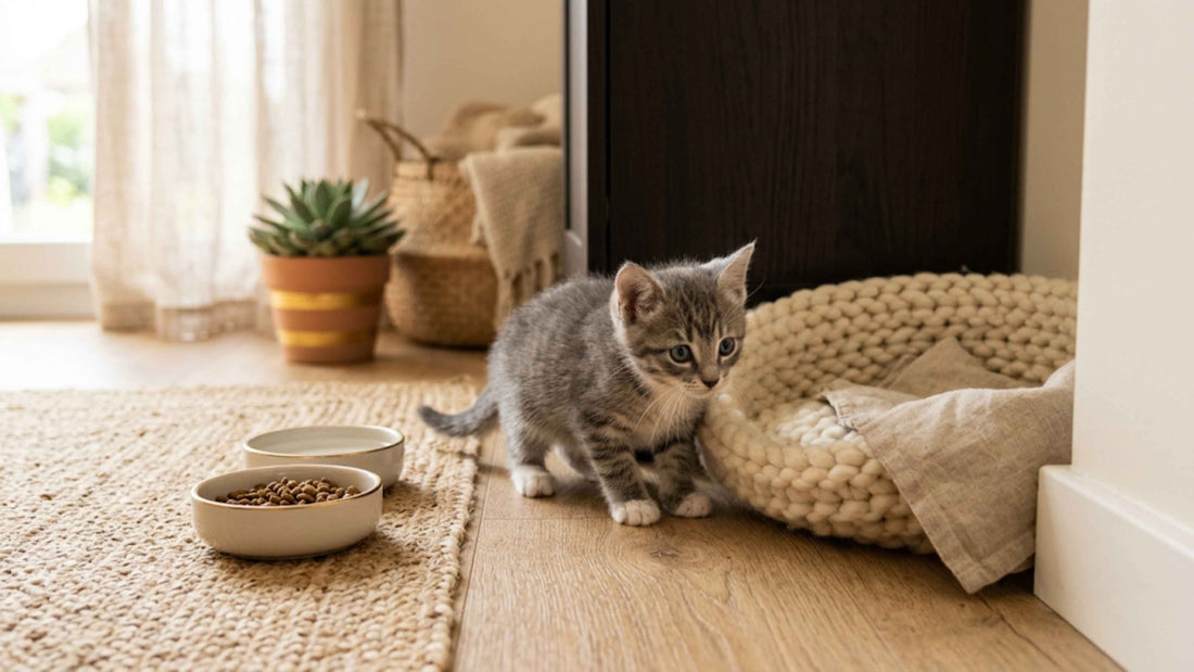 Petit chaton explorant prudemment son coin refuge à la maison — Les Trésors d'Owka