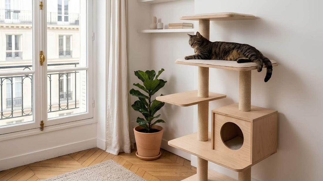 Chat adulte installé sur la plateforme d'un arbre à chat en bois naturel dans un appartement parisien — Les Trésors d'Owka