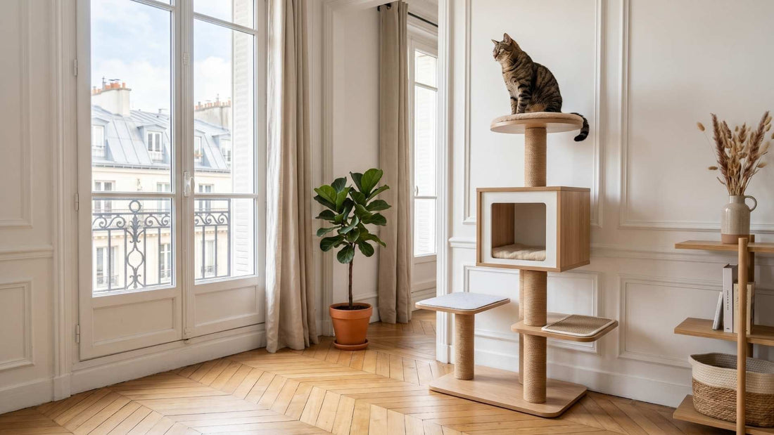 Arbre à chat design en bois naturel et sisal dans un appartement minimaliste — Les Trésors d'Owka