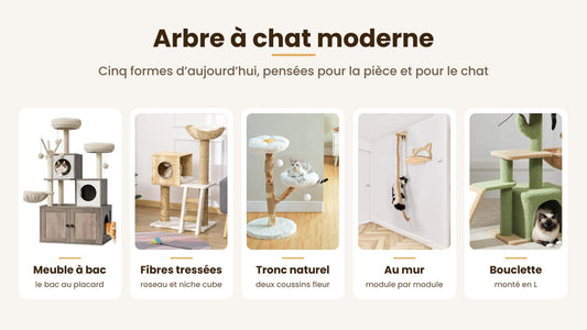 Arbre à chat moderne en cinq formes : meuble à bac, fibres tressées, tronc, corde au mur, bouclette — Les Trésors d'Owka