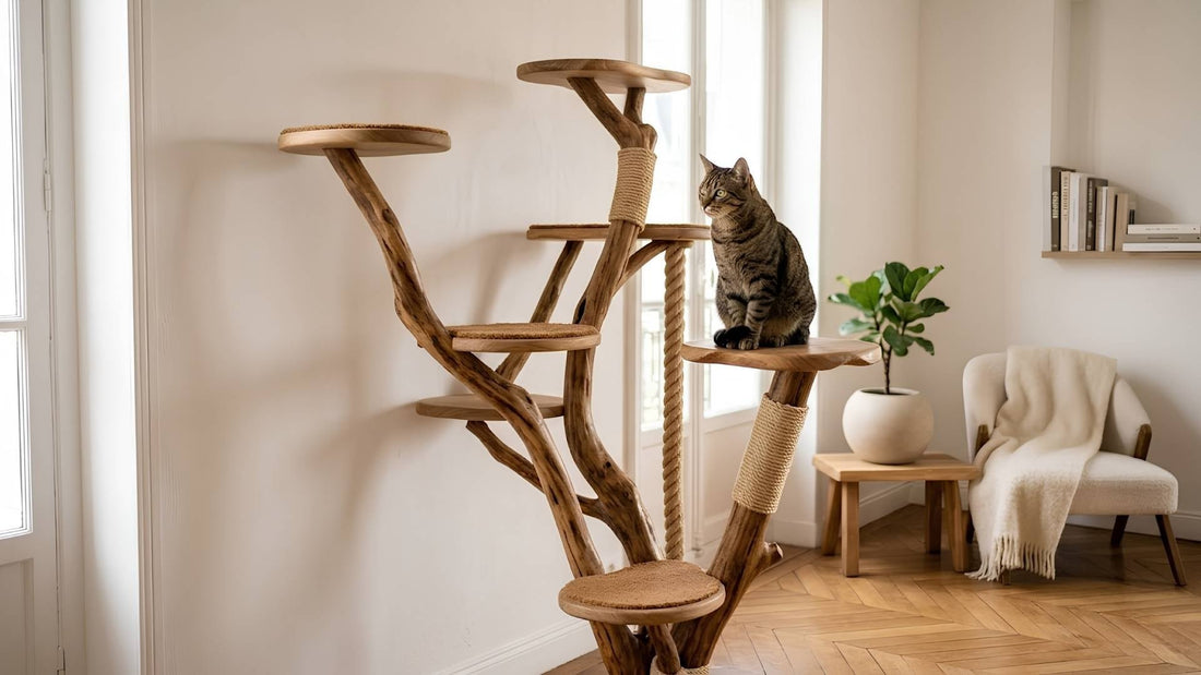 Arbre à chat original en bois naturel forme organique dans un appartement parisien — Les Trésors d'Owka