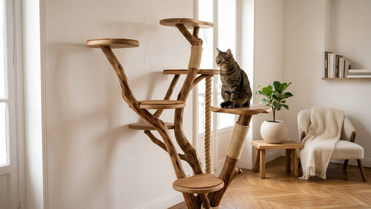 Arbre à chat original en bois naturel forme organique dans un appartement parisien — Les Trésors d'Owka