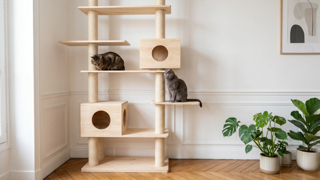 Arbre à chat pour 2 chats avec plusieurs niveaux et cachettes distinctes — Les Trésors d'Owka