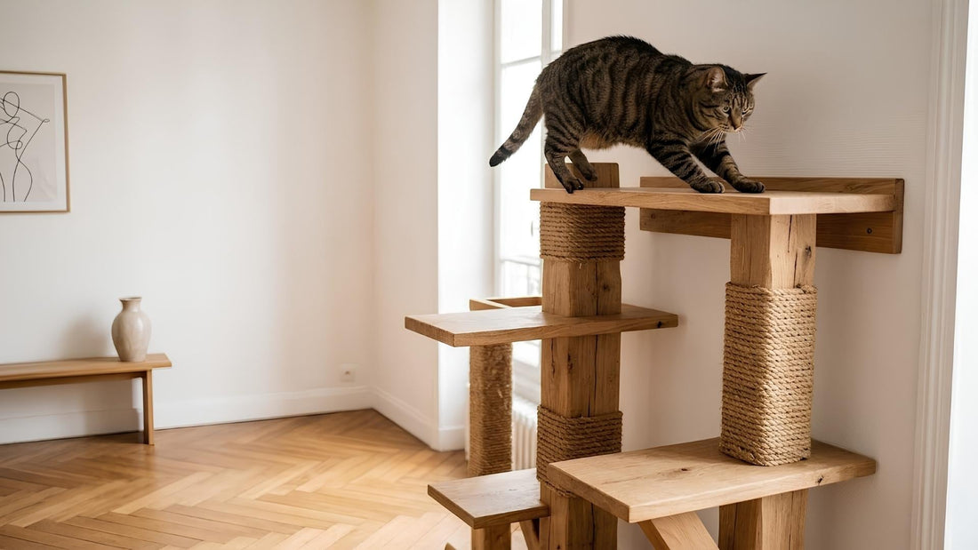 Arbre à chat solide en bois naturel avec sisal épais dans un appartement parisien — Les Trésors d'Owka