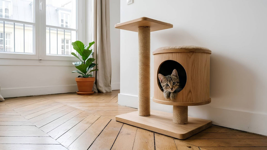 Chaton dans un arbre à chat adapté à sa taille dans un appartement parisien — Les Trésors d'Owka