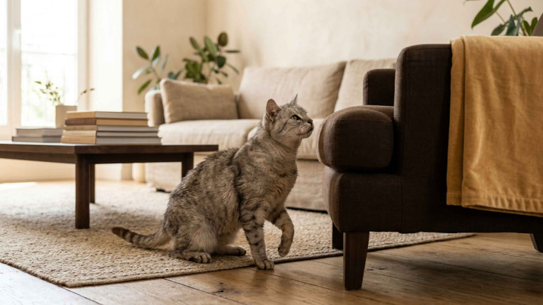 Chat tigré âgé hésitant au pied d'un meuble avant de sauter — Les Trésors d'Owka