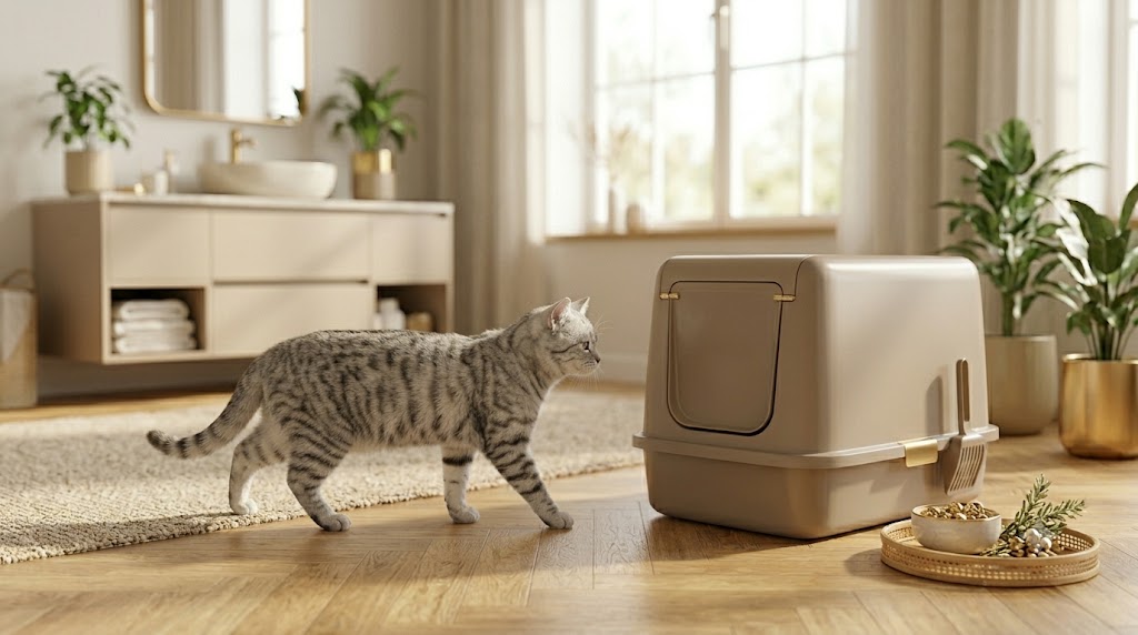 Litière de chat bien placée dans une salle de bain avec un chat qui s'approche — Les Trésors d'Owka