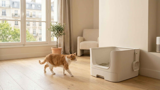 Bac à litière propre et moderne pour chat dans un intérieur soigné et sans odeur, Les Trésors d'Owka
