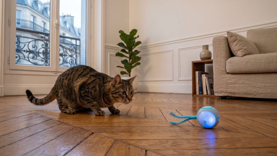 Balle interactive pour chat avec LED et queue en silicone — La Souris 2.0 Les Trésors d'Owka