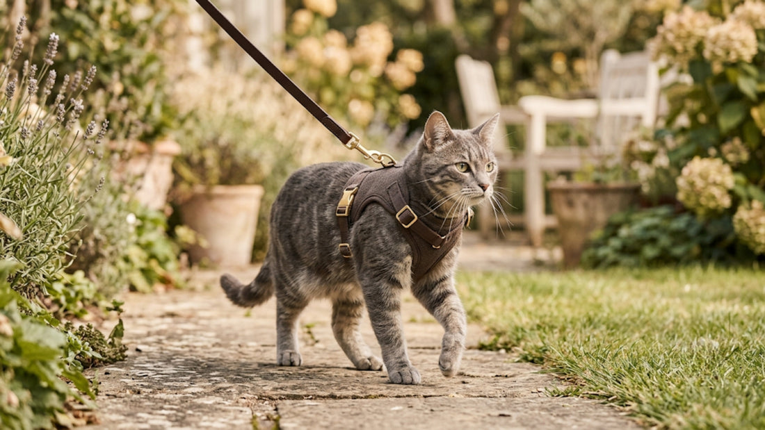 Chat tigré gris en harnais gilet anti-fugue lors d'une promenade en extérieur — Les Trésors d'Owka