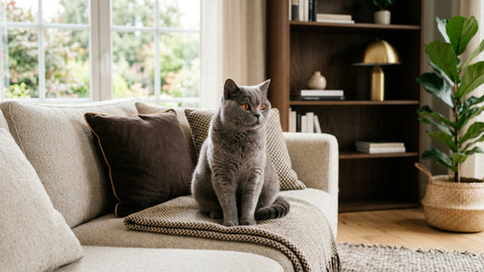 Chat British Shorthair bleu placide aux joues rondes sur un canapé — Les Trésors d'Owka