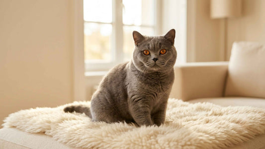 Chat British Shorthair gris à la fourrure dense et pelucheuse installé confortablement, Les Trésors d'Owka