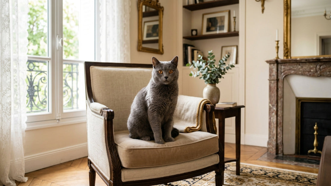 Chat Chartreux bleu aux yeux cuivrés, chasseur français emblématique — Les Trésors d'Owka