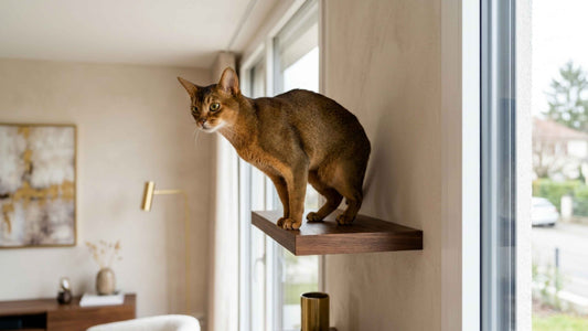 Chat Abyssin athlétique à la robe tiquetée perché en hauteur, vif et curieux — Les Trésors d'Owka