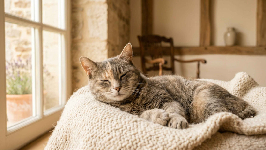 Chat âgé serein reposant sur un couchage douillet dans un intérieur chaleureux et calme, Les Trésors d'Owka