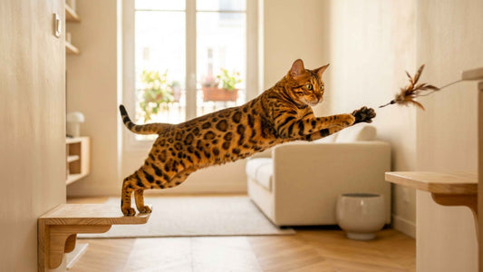 Chat Bengal à la robe tachetée de léopard en pleine action dans un intérieur lumineux, Les Trésors d'Owka