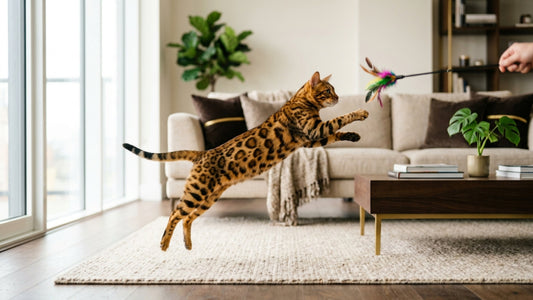 Chat Bengal tacheté athlétique en plein jeu dans un salon — Les Trésors d'Owka