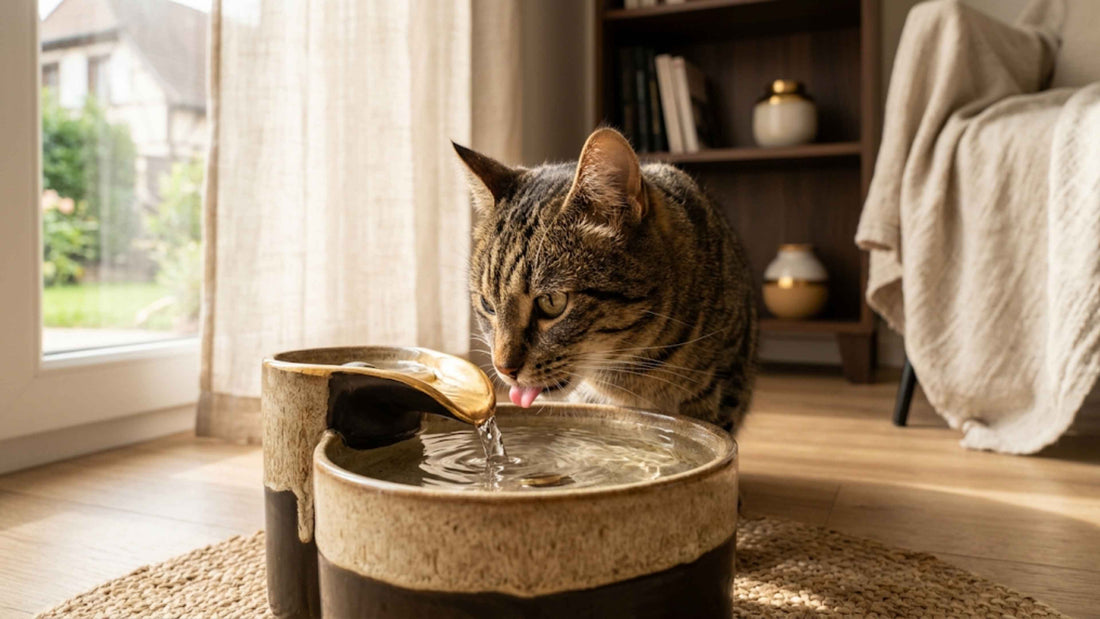 Chat tigré buvant à une fontaine à eau en céramique dans un intérieur lumineux — Les Trésors d'Owka