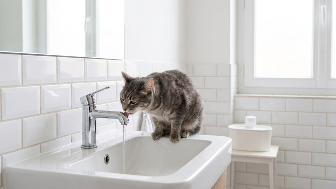Chat qui boit au robinet — instinct eau courante et transition vers fontaine céramique — Les Trésors d'Owka