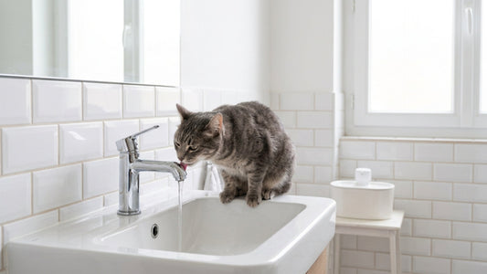 Chat qui boit au robinet — instinct eau courante et transition vers fontaine céramique — Les Trésors d'Owka