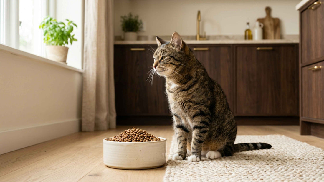 Chat tigré détournant la tête devant sa gamelle en céramique pleine — Les Trésors d'Owka