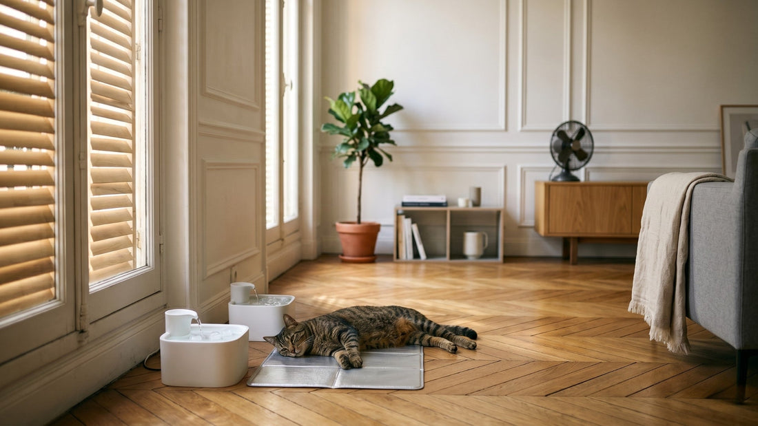 Protéger son chat pendant la canicule : fontaine céramique, tapis rafraîchissant et volets fermés — Les Trésors d'Owka