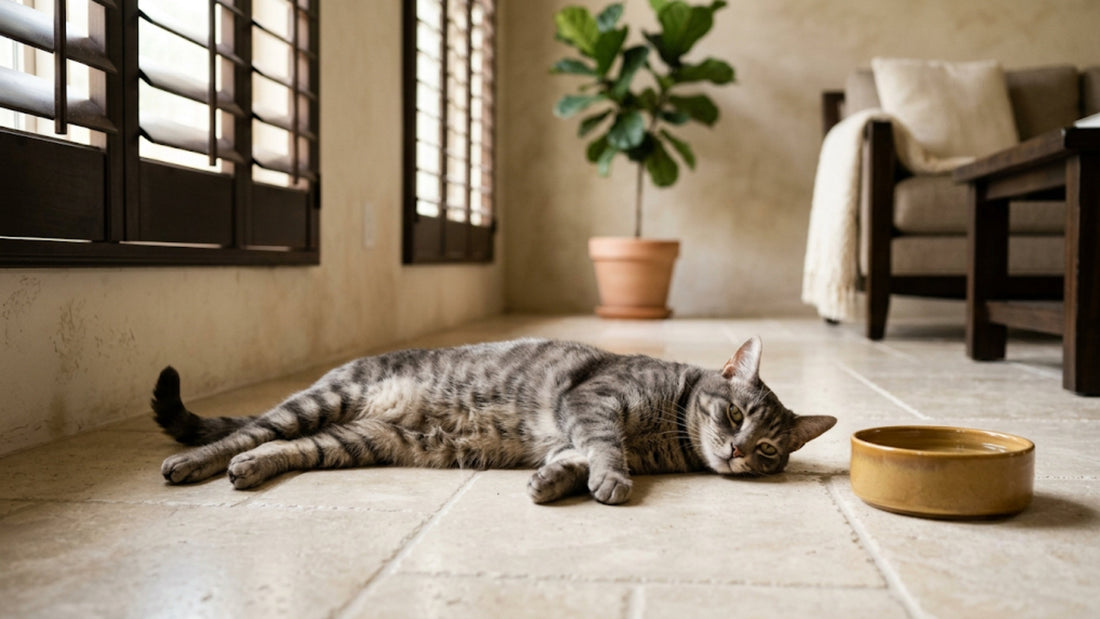 Chat tigré gris allongé au frais sur un carrelage pendant la canicule, volets mi-clos — Les Trésors d'Owka