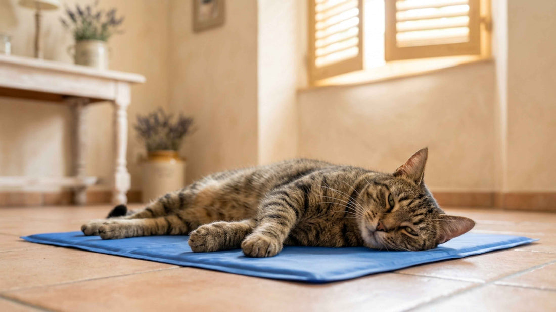 Chat allongé sur un tapis rafraîchissant pour rester au frais pendant la canicule, Les Trésors d'Owka