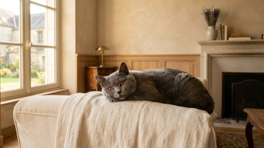 Chat Chartreux au pelage bleu-gris et aux yeux dorés reposant paisiblement dans un intérieur chaleureux, Les Trésors d'Owka