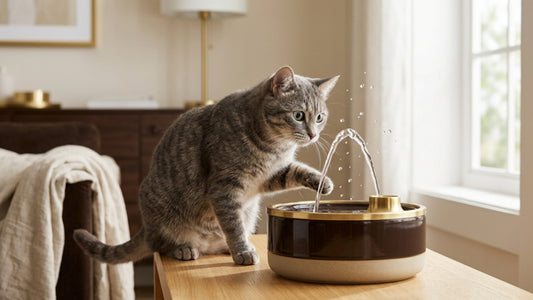 Chat tigré gris fasciné par l'eau en mouvement d'une fontaine — Les Trésors d'Owka