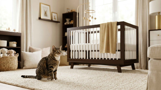 Chat tigré observant à distance un berceau dans une chambre d'enfant lumineuse — Les Trésors d'Owka