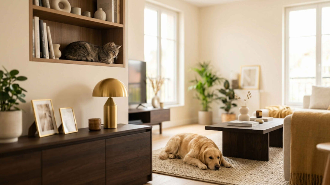 Chat tigré installé en hauteur et chien détendu au sol cohabitant paisiblement — Les Trésors d'Owka