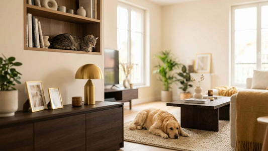 Chat tigré installé en hauteur et chien détendu au sol cohabitant paisiblement — Les Trésors d'Owka