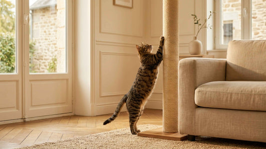Chat utilisant un griffoir en sisal à côté d'un canapé dans un salon lumineux, Les Trésors d'Owka