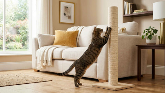 Chat tigré s'étirant en griffant un griffoir en sisal placé près d'un canapé — Les Trésors d'Owka