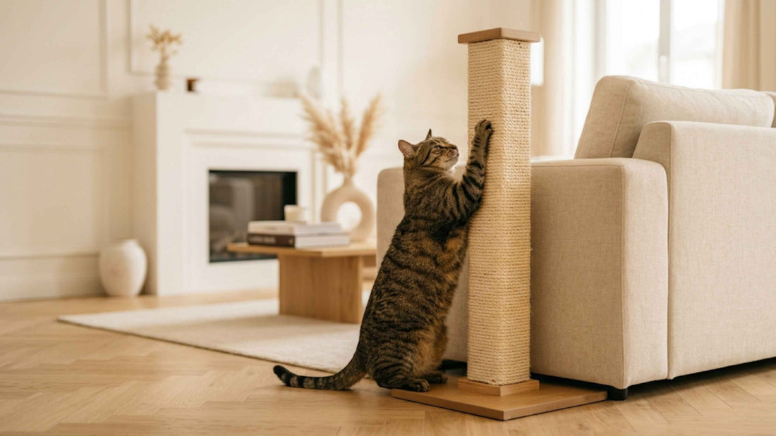 Chat utilisant un griffoir adapté plutôt que le canapé dans un salon, Les Trésors d'Owka