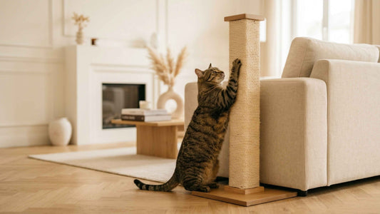 Chat utilisant un griffoir adapté plutôt que le canapé dans un salon, Les Trésors d'Owka