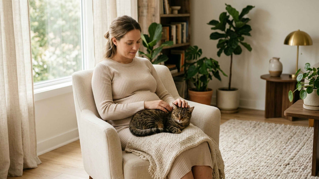 Femme enceinte sereine caressant un chat tigré sur ses genoux — Les Trésors d'Owka