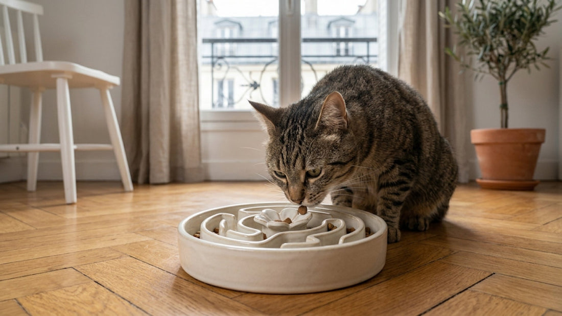 Chat qui mange trop vite — causes et solutions avec gamelle anti-glouton — Les Trésors d'Owka
