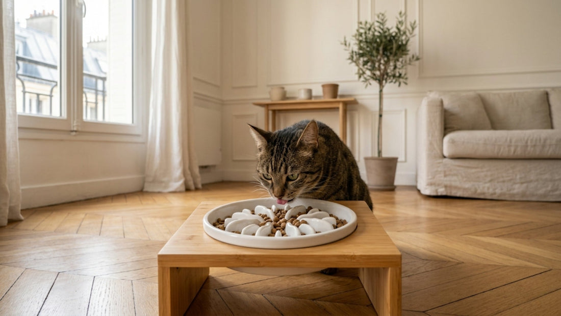 Chat qui mange trop vite : gamelle anti-glouton céramique surélevée — solution testée par Owly — Les Trésors d'Owka