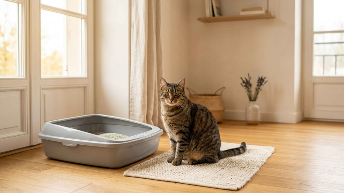 Chat près d'un bac à litière propre et bien placé dans un intérieur calme, Les Trésors d'Owka